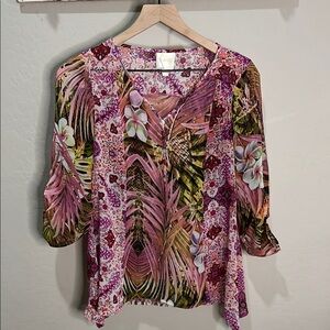 Fig and Flower Anthropologie Blouse Sheer Island Whimsy Floral Top Purple Hawaii